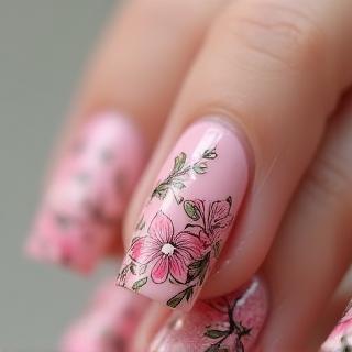 Detailed floral nail art on pink base